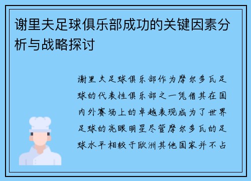 谢里夫足球俱乐部成功的关键因素分析与战略探讨