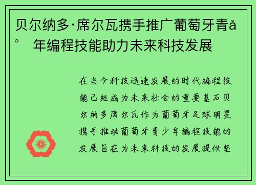 贝尔纳多·席尔瓦携手推广葡萄牙青少年编程技能助力未来科技发展
