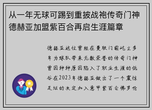 从一年无球可踢到重披战袍传奇门神德赫亚加盟紫百合再启生涯篇章