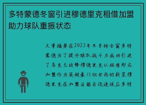 多特蒙德冬窗引进穆德里克租借加盟助力球队重振状态 多特蒙德冬窗引进穆德里克租借加盟助力球队重振状态